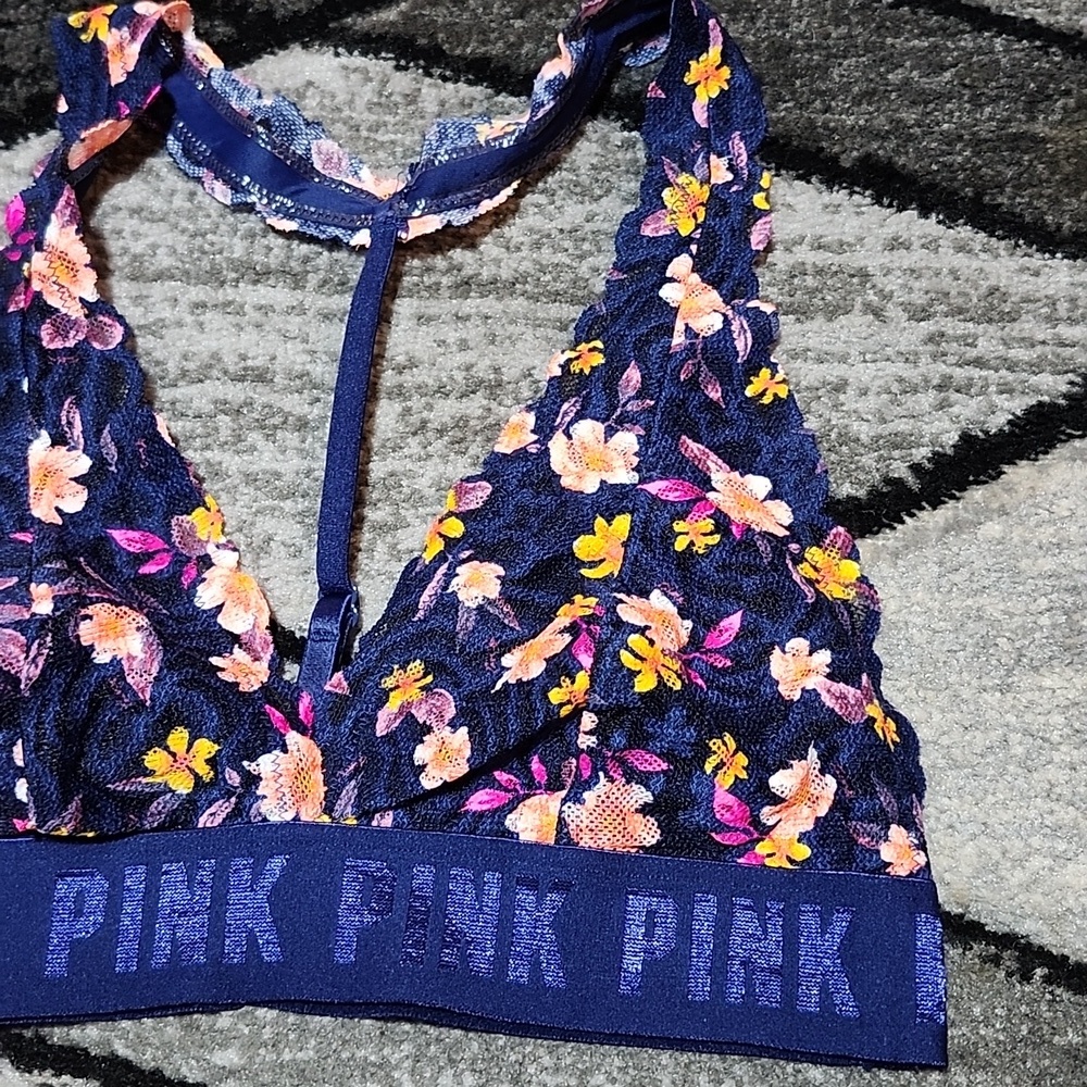 Vs Pink Stappy Blue Lace Floral Unlined Halter Triangle Bralette View 3